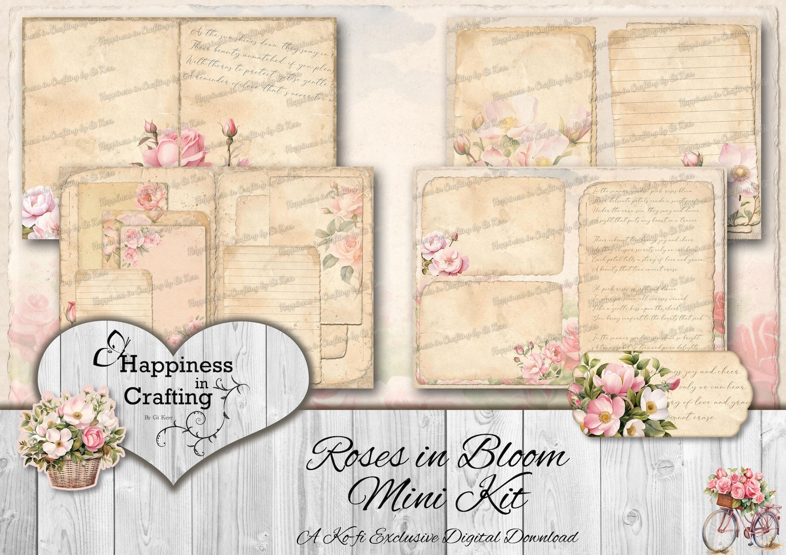 Rose Ribbon Journal Roses in Bloom - Instant Digital Download, Printable, Digital Kit for ...