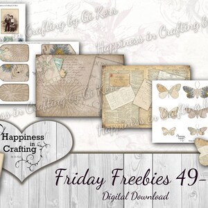 Op de afbeelding: Een digitale download van vintage-stijl printbare papieren en afbeeldingen. De set bevat een verscheidenheid aan ontwerpen, waaronder vlinders, kaarten en tekst. De papieren zijn perfect voor scrapbooking, kaartmaken en andere knutselprojecten. De tekst op de afbeelding luidt "Friday Freebies 49-52 Digital Download".