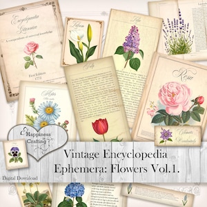 Puede incluir: Una colección de efímeras botánicas vintage con ilustraciones de flores como rosas, tulipanes y lilas. Las imágenes incluyen páginas de una enciclopedia e impresiones botánicas, con texto como "First Edition 1772" y "Vintage Encyclopedia Ephemera: Flowers Vol. 1."