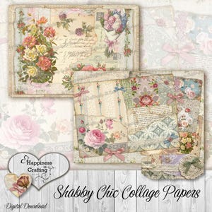 Puede incluir: Papeles de collage shabby chic con dise&ntilde;os florales y de encaje. Los papeles presentan rosas, lazos y elementos de escritura vintage. La paleta de colores incluye rosas suaves, cremas y verdes. El texto "Shabby Chic Collage Papers" es visible.