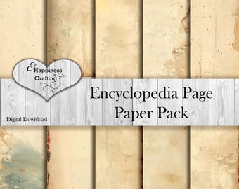 May include: A digital paper pack featuring aged, vintage-style encyclopedia pages. The pages have a distressed look with stains and textures in shades of beige, brown, and cream. The text "Encyclopedia Page Paper Pack" is displayed on a white wooden background.