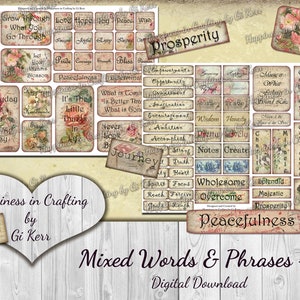 Mixed Words & Phrases # 1 - 80 Pieces - Instant Digital Download, Printable, Digital Kit for Junk Journals, Scrapbooking, Gi Kerr