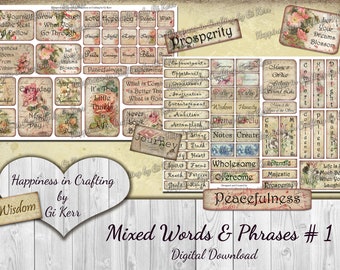 Mixed Words & Phrases # 1 - 80 Pieces - Instant Digital Download, Printable, Digital Kit for Junk Journals, Scrapbooking, Gi Kerr