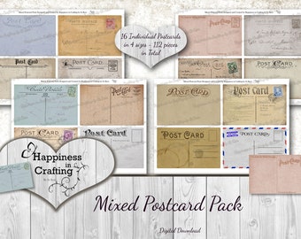 Mixed Postcard Pack - 16 Postcards in 4 sizes, totaling 112 Pieces - Instant Digital Download, Printable, Digital Kit for Junk Journals