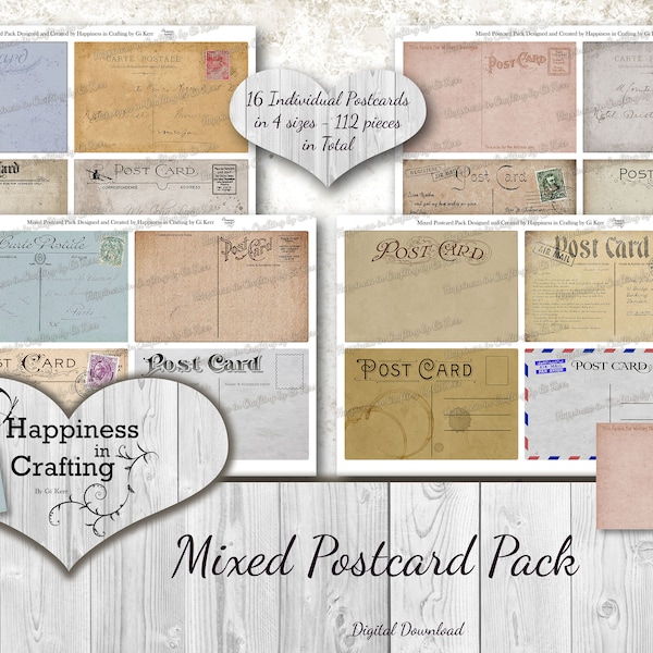 Mixed Postcard Pack - 16 Postcards in 4 sizes, totaling 112 Pieces - Instant Digital Download, Printable, Digital Kit for Junk Journals