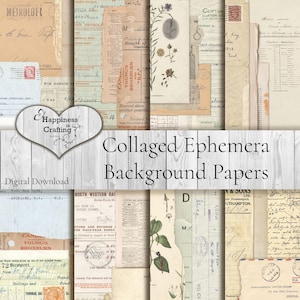May include: A collection of vintage-style ephemera background papers featuring collaged antique documents, invoices, botanical illustrations, and postal stamps in shades of beige, cream, and sepia. The image includes the text Happiness in Crafting.