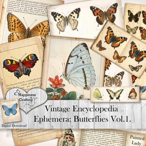 Peut inclure: Une collection d'illustrations de papillons vintage tirées d'une encyclopédie, présentant diverses espèces aux couleurs vives. L'image comprend le texte "Vintage Encyclopedia Ephemera: Butterflies Vol. 1" et "Digital Download".