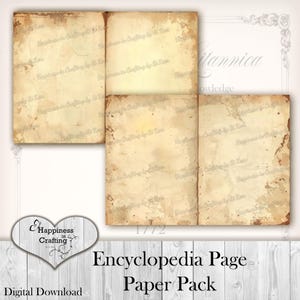 May include: A digital download of an encyclopedia page paper pack. The pages have a vintage, aged appearance with a light brown color and darker brown edges. The text "Encyclopedia Page Paper Pack" is visible.