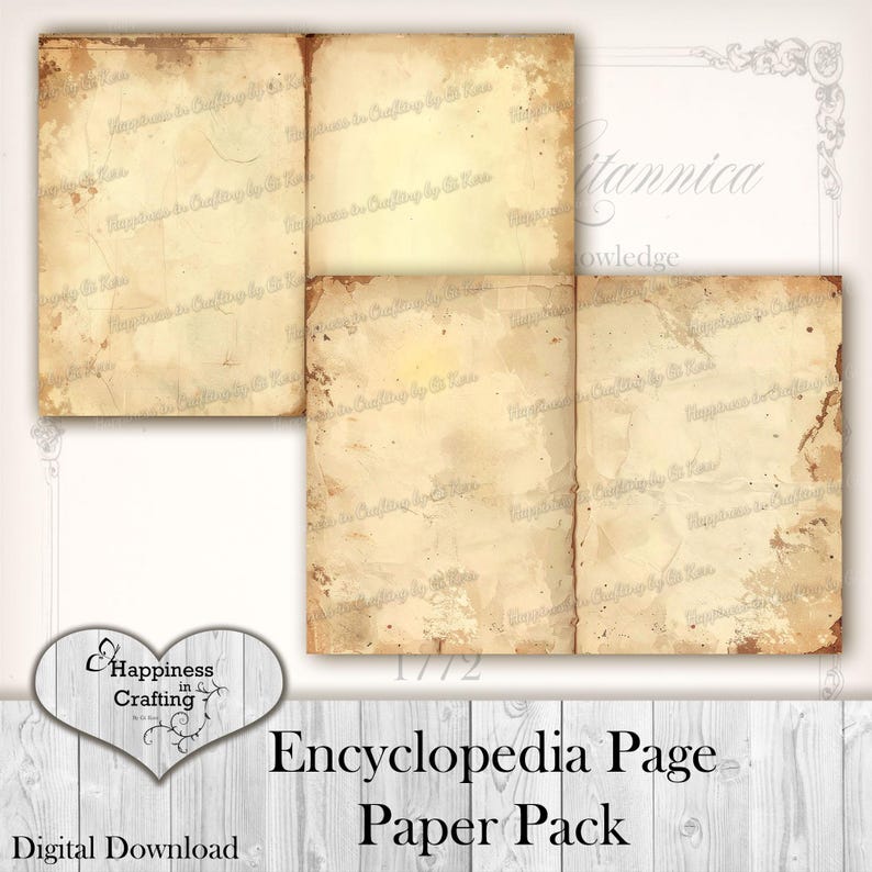 May include: A digital download of an encyclopedia page paper pack. The pages have a vintage, aged appearance with a light brown color and darker brown edges. The text "Encyclopedia Page Paper Pack" is visible.