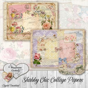 Puede incluir: Papeles de collage shabby chic con detalles florales y de encaje. Los papeles presentan dise&ntilde;os vintage con rosas, lazos y escritura manuscrita. La paleta de colores incluye tonos rosas, crema y lavanda, perfectos para proyectos de scrapbooking y manualidades.