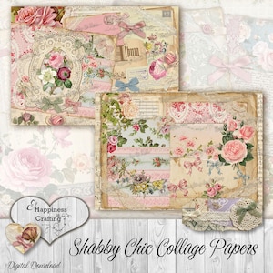 Puede incluir: Papeles de collage shabby chic con dise&ntilde;os florales y de encaje en tonos rosa, crema y verde. Los papeles incluyen elementos vintage como cintas, sellos y texto manuscrito. El texto "Shabby Chic Collage Papers" es visible.