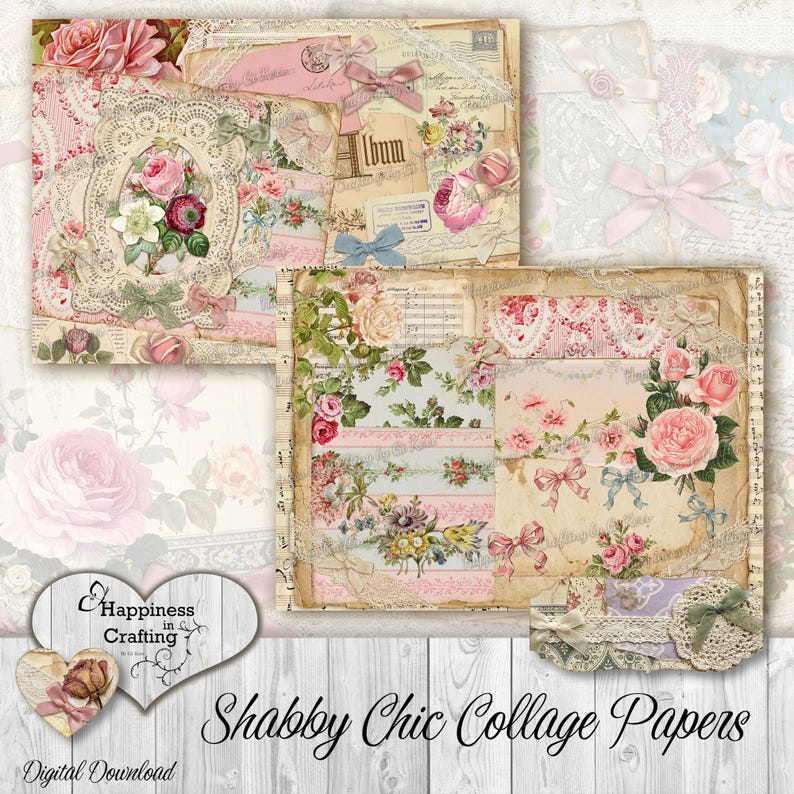 Puede incluir: Papeles de collage shabby chic con dise&ntilde;os florales y de encaje en tonos rosa, crema y verde. Los papeles incluyen elementos vintage como cintas, sellos y texto manuscrito. El texto "Shabby Chic Collage Papers" es visible.