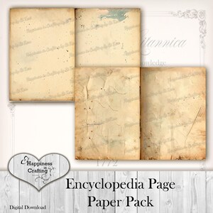 May include: A digital download featuring aged encyclopedia pages. The pages have a vintage aesthetic with a cream color and visible wear. The text "Encyclopedia Page Paper Pack" is displayed below the pages, along with a logo.