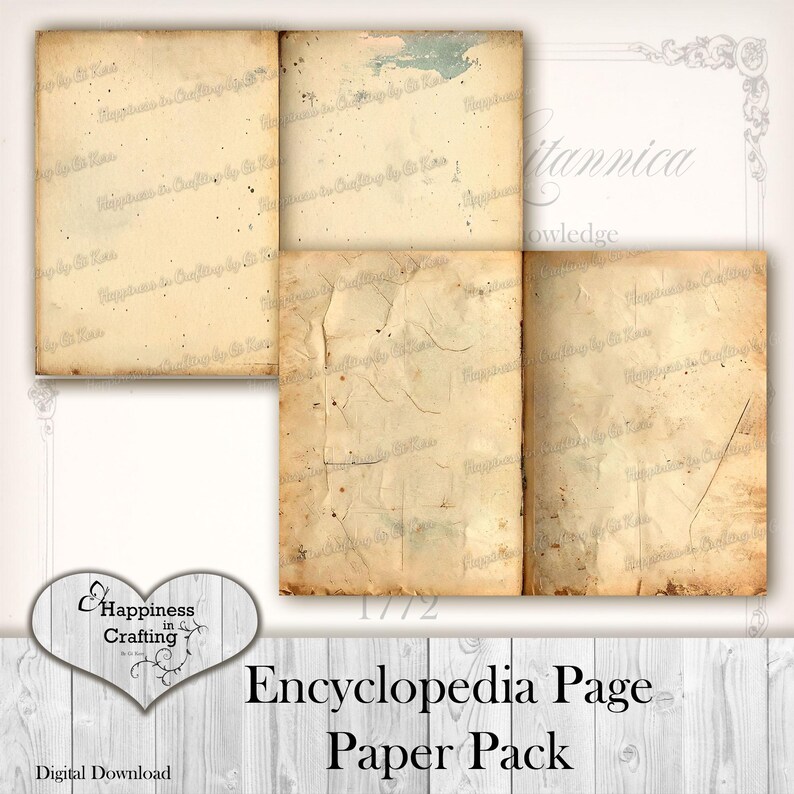 May include: A digital download featuring aged encyclopedia pages. The pages have a vintage aesthetic with a cream color and visible wear. The text "Encyclopedia Page Paper Pack" is displayed below the pages, along with a logo.