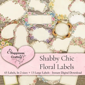 Könnte beinhalten: Eine Sammlung dekorativer Papieretiketten mit verschiedenen Blumenrändern aus Rosen, Sonnenblumen und Blattwerk. Ein rosa herzförmiges Logo zeigt den Text Happiness in Crafting, und das Bild enthält den Text Shabby Chic Floral Labels.