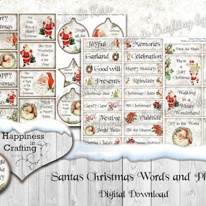 Santas 'Weihnachtswörter und -sätze - 42 Teile - Sofortiger digitaler Download für Kartenherstellung, Junk Journals, Scrapbooking