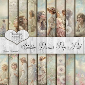 May include: A digital paper pack labelled "Shabby Dreams" with vintage illustrations of women, children, and floral designs. The images have a soft, pastel colour palette and a dreamy aesthetic. The pack includes various designs suitable for crafting projects.