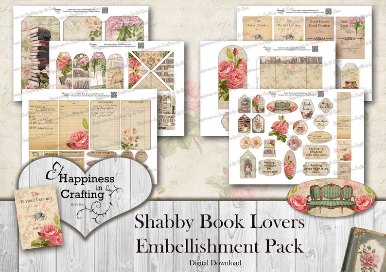 Shabby Book Lovers Embellishment Pack Instant Digital Download, Printable, Digital Kit for Junk Journals, Scrapbooking, Gi Kerr image 3