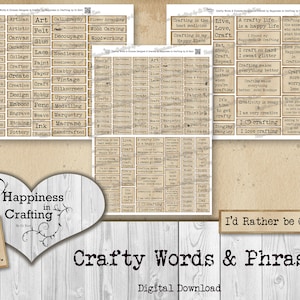 Könnte beinhalten: Ein digitaler Download von druckbaren Bastelwörtern und -phrasen. Das Bild zeigt einen braunen Hintergrund mit einer Herzform, auf der "Happiness in Crafting" steht. Die Wörter sind in einer Vintage-Schriftart gehalten und beinhalten Sätze wie "Crafting is the best medicine", "Live, Love, Craft" und "I love crafting".