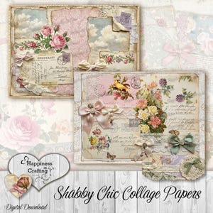 Puede incluir: Papeles de collage shabby chic con postales vintage, rosas y encaje. Los papeles tienen un aspecto envejecido con tonos rosa p&aacute;lido, crema y azul. Los lazos decorativos y los detalles florales realzan la est&eacute;tica rom&aacute;ntica. El texto "Shabby Chic Collage Papers" es visible.