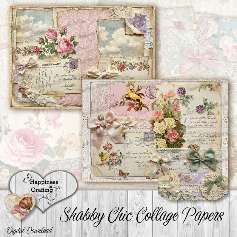 Puede incluir: Papeles de collage shabby chic con postales vintage, rosas y encaje. Los papeles tienen un aspecto envejecido con tonos rosa p&aacute;lido, crema y azul. Los lazos decorativos y los detalles florales realzan la est&eacute;tica rom&aacute;ntica. El texto "Shabby Chic Collage Papers" es visible.