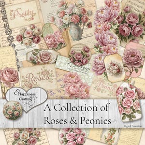 Peut inclure: Une planche de collage numérique présentant diverses illustrations de roses et de pivoines roses et blanches, des écritures anciennes, des partitions musicales et des étiquettes décoratives. Un logo en forme de cœur indique Happiness in Crafting.