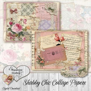 Puede incluir: Papeles de collage shabby chic con dise&ntilde;os florales y de encaje, en tonos rosa y crema. Los papeles incluyen rosas, lazos y elementos vintage. El texto "Shabby Chic Collage Papers" se muestra en la parte inferior.