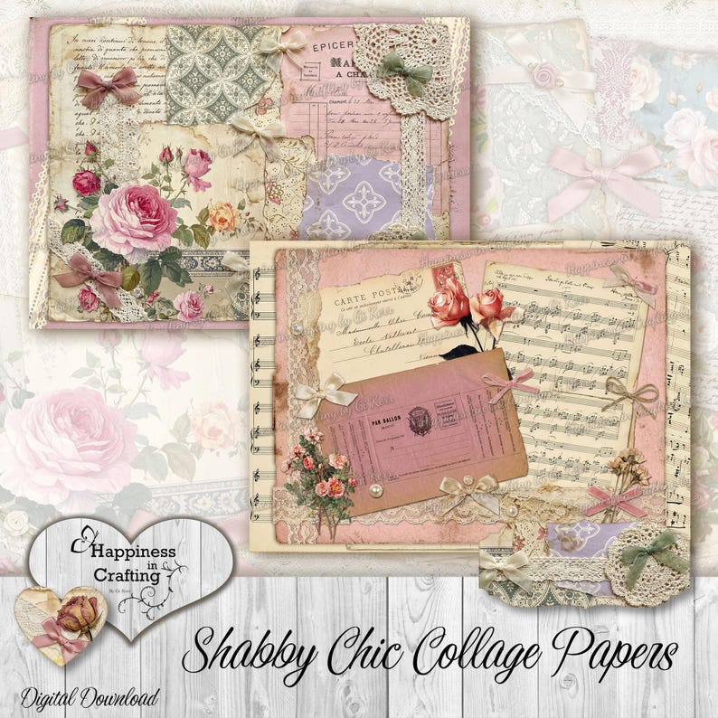 Puede incluir: Papeles de collage shabby chic con dise&ntilde;os florales y de encaje, en tonos rosa y crema. Los papeles incluyen rosas, lazos y elementos vintage. El texto "Shabby Chic Collage Papers" se muestra en la parte inferior.