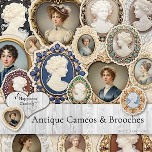 May include: A collection of antique-style cameos and brooches featuring various portraits of women in ornate frames. The image includes a heart-shaped logo with the text Happiness in Crafting and the title Antique Cameos & Brooches Digital Download.