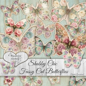 May include: A collection of Shabby Chic fussy cut butterflies in various sizes. The butterflies feature floral patterns in pastel colors like pink, blue, and cream. The text "Shabby Chic Fussy Cut Butterflies" is displayed.