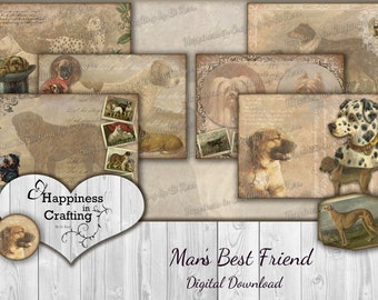 May include: A digital download of vintage-style images featuring dogs. The images are in a collage format with a heart-shaped logo that says "Happiness in Crafting". The text "Man's Best Friend" and "Digital Download" are at the bottom of the collage.
