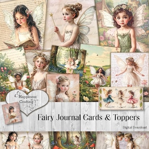 May include: A selection of fairy-themed journal cards and toppers. The images depict illustrations of young girls with fairy wings, wearing pastel dresses, and set against whimsical backgrounds. The text "Fairy Journal Cards & Toppers" is displayed.