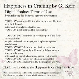 Puede incluir: T&eacute;rminos de uso de productos digitales de Happiness in Crafting por Gi Kerr. El texto detalla las condiciones de uso de archivos digitales, incluidas las restricciones de distribuci&oacute;n y modificaci&oacute;n. Con un gr&aacute;fico de mariposa.