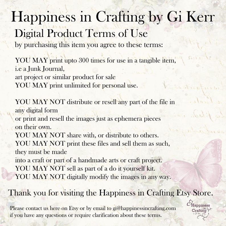 Puede incluir: T&eacute;rminos de uso de productos digitales de Happiness in Crafting por Gi Kerr. El texto detalla las condiciones de uso de archivos digitales, incluidas las restricciones de distribuci&oacute;n y modificaci&oacute;n. Con un gr&aacute;fico de mariposa.