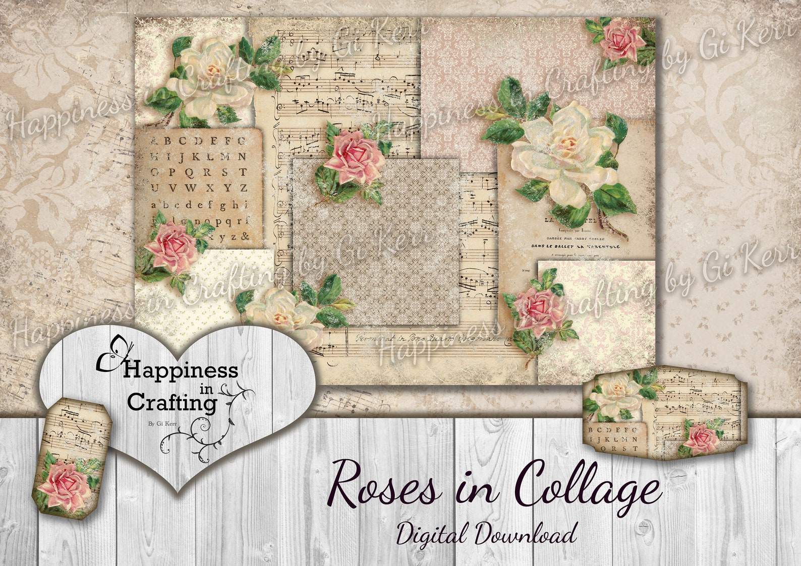 Repeating Roses Collage Roses in Collage - Instant Digital Download, Digital Printable for Junk ...