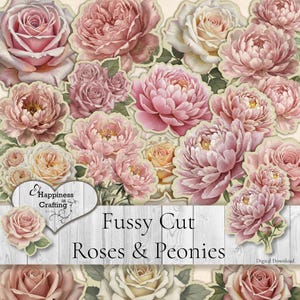 May include: A digital collection of floral cutouts featuring various shades of pink, cream, and peach roses and peonies. A heart-shaped logo with the text Happiness in Crafting is visible, along with the text Fussy Cut Roses & Peonies.