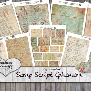 May include: Digital download of vintage style scrapbook paper with floral and script designs. The papers are in shades of pink, blue, and brown. The text "Scrap Script Ephemera" is in the center of the image.
