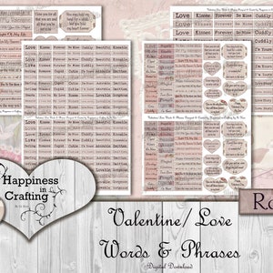 May include: A digital download featuring Valentine's Day and love-themed words and phrases in a vintage style. The design includes various labels and heart-shaped elements with phrases like "Love," "Kisses," and "Forever."