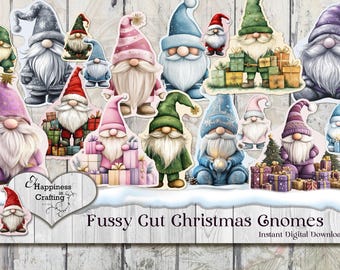 May include: A collection of whimsical Christmas gnome cutouts in various colors, including pink, blue, green, and purple. Each gnome has a long white beard and a pointed hat. Some gnomes hold gifts. The text "Fussy Cut Christmas Gnomes" is visible.