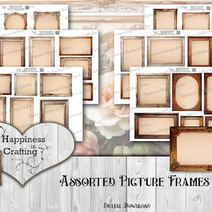 May include: A set of 12 digital printable picture frames in various shapes and sizes. The frames are in a rustic, vintage style with a brown and gold color scheme. The frames are perfect for adding a touch of elegance to your photos and artwork.  "Happiness in Crafting" is written in a decorative font on a heart-shaped background.