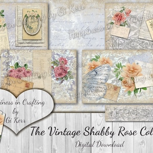 Peut inclure: Un collage de papiers numériques de style vintage avec des roses, des papillons et des écritures manuscrites. Le design comprend un élément en forme de cœur avec du texte et les mots "The Vintage Shabby Rose Collection".