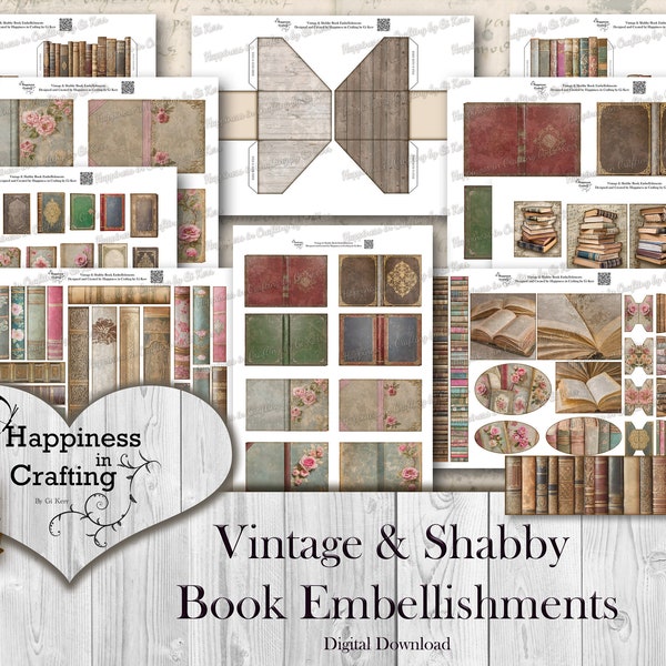 Abbellimenti di libri vintage e shabby - Download digitale istantaneo, stampabile, kit digitale per diari spazzatura, Scrapbooking, Gi Kerr