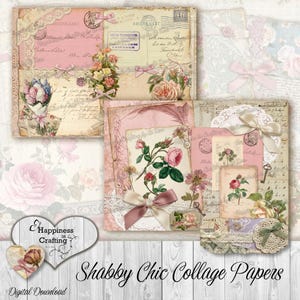 Puede incluir: Una colecci&oacute;n de papeles de collage Shabby Chic con una est&eacute;tica vintage. Los papeles presentan ilustraciones florales, encajes, lazos y sellos postales en tonos rosa p&aacute;lido, crema y beige. El texto "Shabby Chic Collage Papers" es visible.