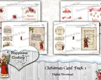 May include: Printable Christmas card pack with vintage illustrations of Santa Claus, holly, and poinsettias. The pack includes a variety of card designs, including a card with the text "Merry Christmas" and a card with the text "A Christmas Card".