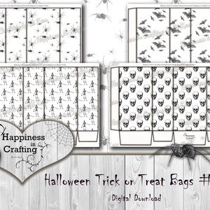 Op de afbeelding: Printbare Halloween-trick-or-treat-zakken met vier verschillende ontwerpen: spinnen, skeletten, vleermuizen en schedels. De zakken zijn zwart-wit en hebben een digitaal downloadlabel. De tekst "Halloween Trick or Treat Bags #2" staat onderaan de afbeelding.