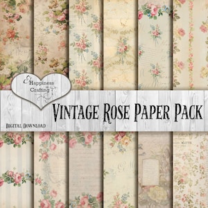 Könnte beinhalten: Eine Sammlung von Vintage-Rosenpapier-Designs. Die Papiere zeigen florale Muster in Rosa-, Creme- und Grüntönen, wobei einige Designs Schrift- und Spitzentexturen aufweisen. Der Text "Vintage Rose Paper Pack" wird angezeigt.