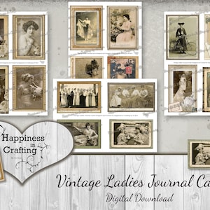 Cartões de diário feminino vintage - 48 peças - download digital instantâneo, para impressão, kit digital para diários indesejados, álbum de recortes