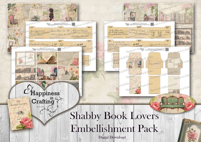 Shabby Book Lovers Embellishment Pack Instant Digital Download, Printable, Digital Kit for Junk Journals, Scrapbooking, Gi Kerr image 2