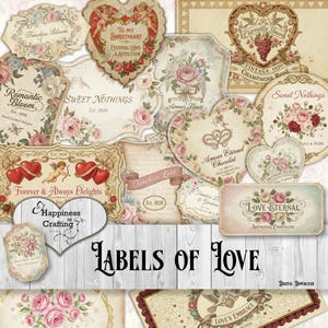 May include: A collection of vintage-style labels with floral and heart designs. The labels feature phrases like "Timeless Bloom," "Sweet Nothings," and "Love Eternal." The color palette includes soft pinks, creams, and touches of red, perfect for crafting projects.