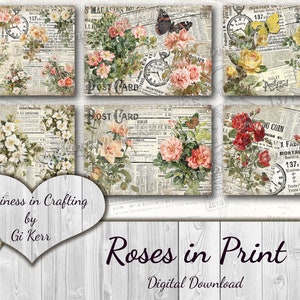 Rose in stampa - Download digitale istantaneo, stampabile digitale per diari spazzatura, prenotazione rottami, felicità nell'artigianato, Gi Kerr